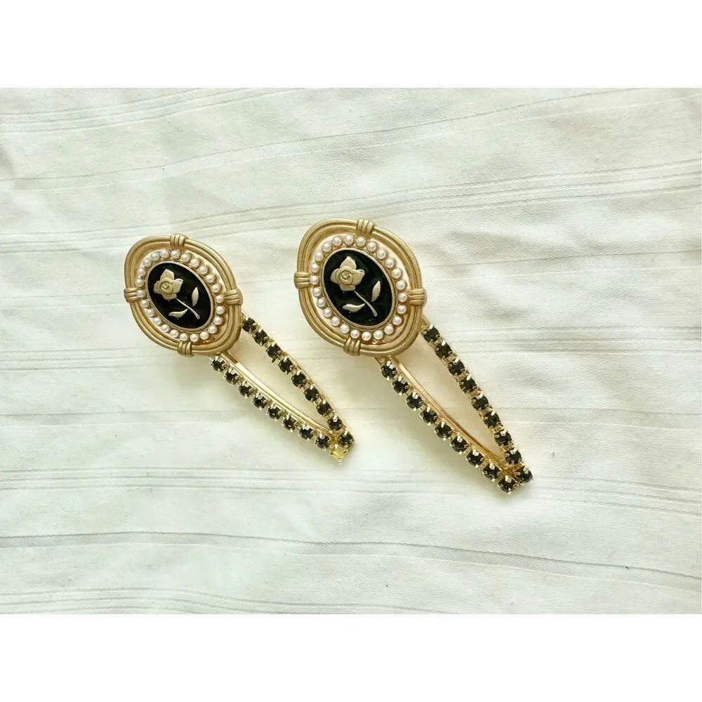 Rose black and gold color hair clip with black rhinestone and pearls